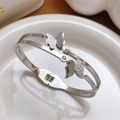 Polished silver butterfly open bangle with matte frosted wings and zircon accents - Steel