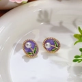 Pendientes vintage ovalados con esmalte morado, borde dorado y perla blanca - Estilo Floral de Esmalte Morado Ovalado (Primavera 0005)
