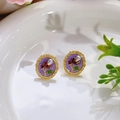 Pendientes vintage franceses de esmalte morado con diseño floral y perla fina - Estilo de Perla Artificial de Flor Roja Ovalada en Esmalte Morado (Spring 0023)