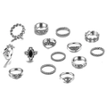Boheems vintage zilveren sieradenset inclusief 13 ringen met olifant- en maangravures - Boheemse Vintage Ringen Combo (HS2003-6)