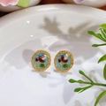 Pendientes de perlas vintage con borde dorado y diseño floral en esmalte azul - Estilo Esmalte Azul Claro Ovalado Flor Roja Perla Artificial (Primavera 0020)