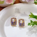 Pendientes vintage dorados rectangulares con girasol de esmalte morado y perla - Estilo de Girasol Rectangular Morado con Perla Artificial