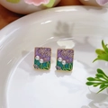 Pendientes vintage de esmalte rectangular con motivo floral morado y verde y perla - Estilo de patchwork floral rectangular morado (Primavera 0061)