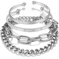 Zilveren sieradenset met LOVE-armband, kralenmanchet en trendy schakelkettingen - Gegraveerde Open Armring Combo (HS2003-3)