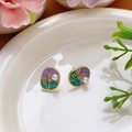 Pendientes de perlas vintage con motivos florales de esmalte morado verde y detalles dorados - Estilo Floral Ovalado de Esmalte Morado (Primavera 0035)