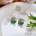 Pendientes de perlas estilo vintage francés con motivos florales verdes y borde dorado - Estilo Ovalado con Degradado Azul Verdoso (Primavera 0036)
