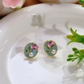 Pendientes de perlas vintage con esmalte azul claro y acabado de metal dorado - Estilo Ovalado de Esmalte Azul Claro (Primavera 0016)