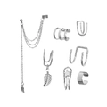 Parure de 7 boucles d'oreilles argentées avec chaîne feuille et bagues d'oreille - HS2004-7