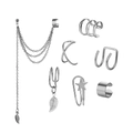 7-piece silver leaf tassel earrings and ear cuff set with stars and geometric metal bands - Silver Tassel Leaf 7-Piece Set (HS2020-10)