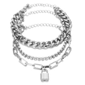 Bracciale multistrato argento con catena cubana, tennis e ciondolo a lucchetto da donna - Bracciale Argento a Tre Strati Catena Cubana Strass e Lucchetto (KME0666-02)