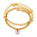 Set di cavigliere dorate a doppio strato con ciondoli a foglia e farfalla rosa - Cavigliera Oro a Doppio Strato con Ciondolo Foglia e Farfalla Rosa (KME0931)