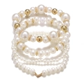 Elegant 4-piece white pearl bracelet set with gold heart charm and metallic accents - 4-Piece Heart Pendant Artificial Pearl Bracelet Set / 4 Pieces / Gold
