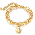 Double-layer gold chain bracelet with pearls and hammered round pendant for women - Double Layer Paperclip Chain Pearl Hammered Pendant Bracelet (HZS1977-10)