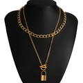 Collier double rang doré avec pendentif cadenas et fermoir à bascule T élégant chic - Style Fermoir OT Forme Cadenas (5)