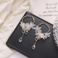 Elegant Korean style gold hoop earrings with white petals and crystal fringe tassels - Gold Hoop Pearl Petal Tassel (HZS596-9)