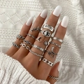 13-piece vintage silver ring set featuring sun, moon, and bohemian geometric patterns - Tai Chi Moon Sun (HS1475-6)