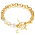 Golden punk chain bracelet with white pearls and OT clasp featuring handmade engraving - Handmade Tag OT Clasp Chain Bracelet (HZS1977-2)