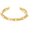 Gold open cuff bracelet with white pearls and delicate hanging chain details - Open C-Shaped Dangle Pearl Bangle (HZS1977-4)