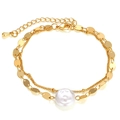 Double-layer gold chain bracelet with large white pearl and polished metal charms - Double Layer Chain Large Pearl Lobster Clasp Bracelet (HZS1977-5)