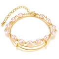Elegant gold bracelet set featuring pink pearls and a minimalist double-ring metal bangle - Pink Oval Bead Double Layer Adjustable Jewelry Set (HZS1977-6)