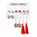 6-pair Christmas earring set with Santa, reindeer, and red tassel charms in gold finish - Mixed Christmas Elements (KME0307-06)