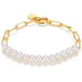 Elegant gold paperclip chain bracelet with white pearls and a golden square charm - Paperclip Chain Pearl Patchwork Bracelet (HZS1977-8)