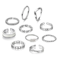 10-teiliges silbernes Vintage-Ring-Set mit gedrehtem Metall und weißen Perlen - 10-teiliges Set / Silber Gedreht Hohl Perle Stil (HS1418-20)