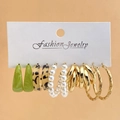 Set of 6 gold hoop earrings with green resin butterfly and leopard print pendants - Gold Green Leopard Pearl Hoop Set (HZS2338)