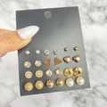 Set of 12 pairs of vintage gold stud earrings with pearls and crystals on a card - 12-Pair Gold Geometric Rhinestone Pearl Mix / HZS1997-1