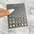 12-pair silver earring set featuring pearls, rhinestones and geometric studs on card - 12-Pair Silver Geometric Rhinestone Pearl Mix / HZS1997-2