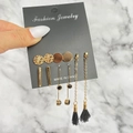Gold and black vintage earring set featuring five pairs with long chain tassels and studs - 5-Pair Gold Black Long Tassel Set / HZS1997-4