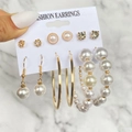 6-pair set of vintage gold rhinestone earrings and pearl hoops for women fashion - 6-Pair Gold Rhinestone Pearl Large Hoop Set / HZS1997-6