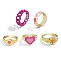 Fünfteiliges Goldring-Set mit Herz- und Smiley-Motiven in Pink und Violett Tropföl - Goldrosa Herz-Smile-Stil (33ZH-12339)