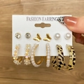 6-pair set of gold-tone earrings with butterflies, pearls, flowers and leopard patterns - Flower Embellished Style (HS0035-16)