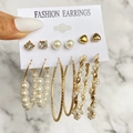 Set di 6 paia di orecchini vintage dorati con perle, strass e cerchi in metallo intrecciato - HZS1997-15