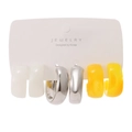 Three-piece chunky C-shaped hoop earring set in white resin, polished silver and yellow resin - White Silver Yellow Thick C-Shape Earring Set (HZS2226-1)