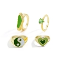 Set mit vier vergoldeten Ringen mit grünen herzförmigen Emaille- und Edelsteinen - Goldgrüner Herz-Tai-Chi-Siegelstil (33ZH-12957)