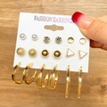 9-piece gold earrings set featuring pearls, rhinestones, hoops and creative metal shapes - Gold Pearl Rhinestone Triangle Stud Hoop Set (HS0037-16)