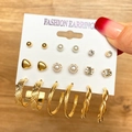 9-piece gold earring set featuring pearls, rhinestones, hearts, and textured hoops - Gold Pearl Rhinestone Heart Stud Hoop Set (HS0037-15)
