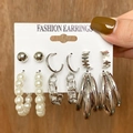 Ensemble de boucles d'oreilles vintage avec perles et créoles sur carte de présentation - Ensemble de 6 Paires Chaîne Perles Artificielles Argent (HS529-3)