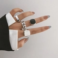 Set of four silver rings featuring cuban link and signet styles in minimalist aesthetic - Minimalist Silver Chain And Signet 4-Piece Set (HS0040-3)