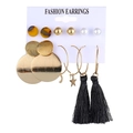 6-pair set of gold earrings featuring pearl, butterfly, and black fringe tassel charms - Star Hoop And Black Long Tassel (WH0015-23)
