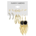Set of 6 gold earrings featuring lightning studs, hoops and black fringe tassels - Heart Lightning Cylinder Style (HS630-9)
