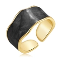 Anillo ancho abierto minimalista con bordes dorados y textura de esmalte mármol negro - Abierto Ajustable / Estilo Mármol Negro Tinta (HS0042-5)