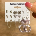 Silver earring set with purple marble texture, featuring heart and butterfly designs - Purple Marble Pattern Style (HS0035-22)