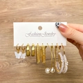 Set of six pairs of gold-style earrings including white resin butterflies and pearls - Gold Butterfly Smooth Pearl Hoop Style