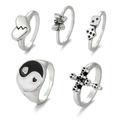 Fünfteiliges Vintage-Ring-Set in Silber mit Totenkopf und Herz im Retro-Stil Design - Totenkopf Würfel Kollektion (HS353-10)