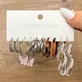 6-pair French vintage gold hoop earring set with pearls and pink butterfly charms - Gold Mixed Hoops Pink Butterfly Style (HS0034-20)