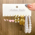 5-pair pink butterfly and heart enamel earring set with gold hoops and pearls - Pink Butterfly Heart Pearl Hoop Style (HS0034-21)