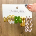 Set of six pairs of gold butterfly acrylic and pearl earrings on display card - Gold Pearl White Butterfly Grass Green Style (HS0034-22)
